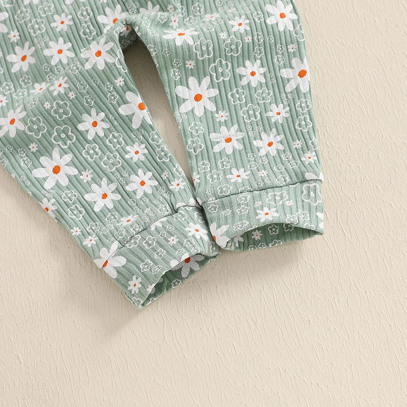 Baby Girl 3Pcs Spring Fall Outfit Floral Print Long Frill Sleeve Romper Long Flower Pants Headband Set