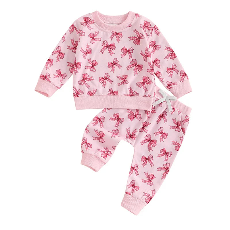 Baby Toddler Girls 2Pcs Fall Jogger Set Long Sleeve O Neck Bow Print Top Drawstring Pants Outfit