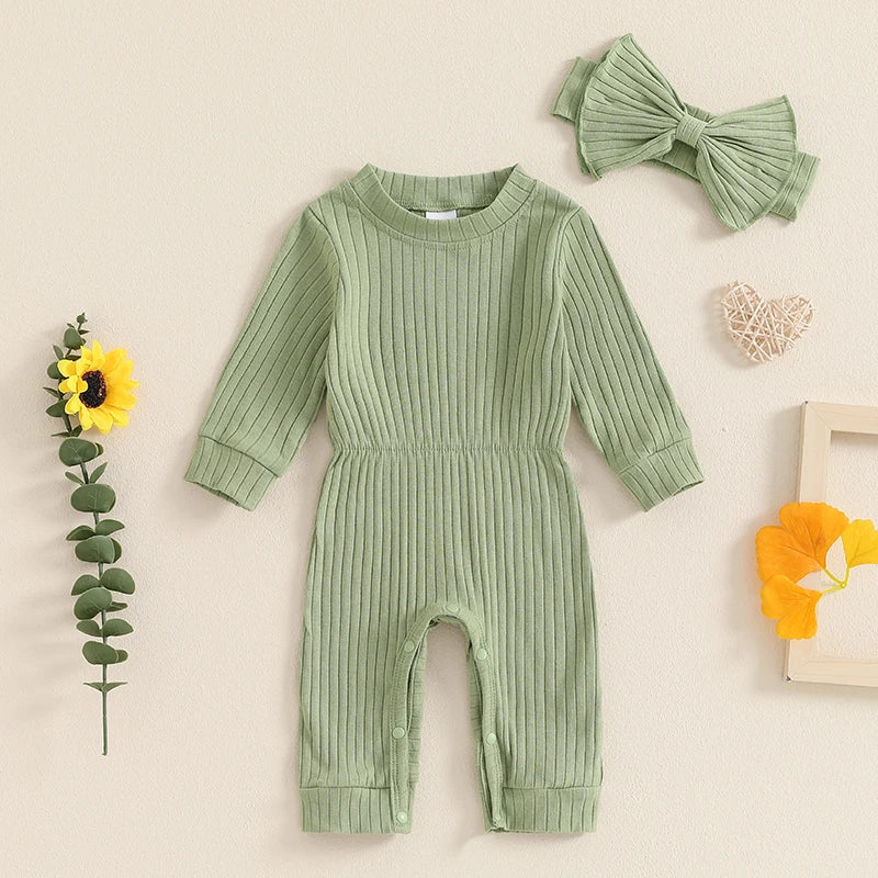 Baby Girls 2Pcs Fall Outfit Long Sleeve Round Neck Ribbed Full Leg Jumpsuit with Headband Set