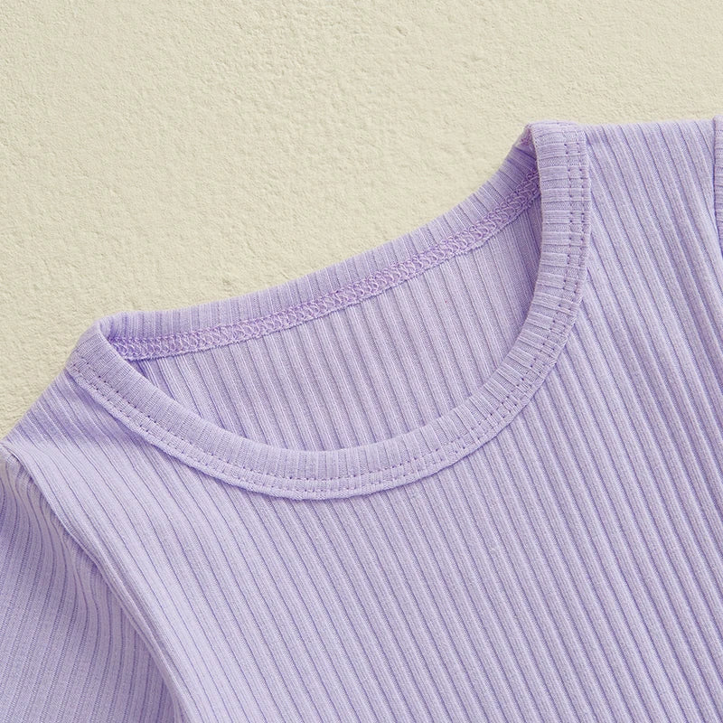 Baby Toddler Girls 2Pcs Ribbed Outfit Solid Color Short Sleeve T-Shirt Top Elastic Waist Ruffle Shorts Set