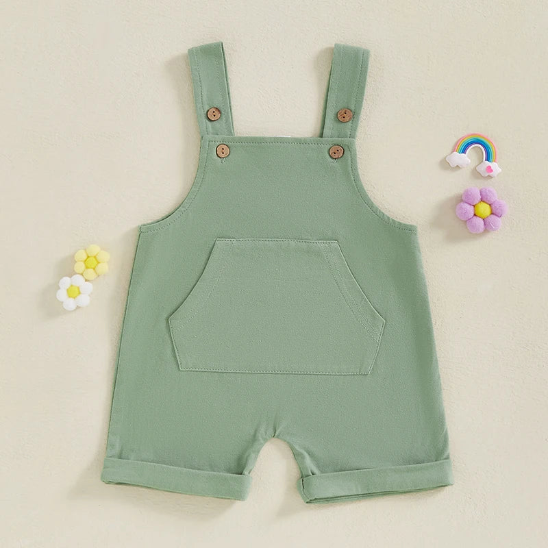 Baby Toddler Boys Girls Overalls Tank Sleeveless Square Neck Front Pocket Suspender Shorts Romper