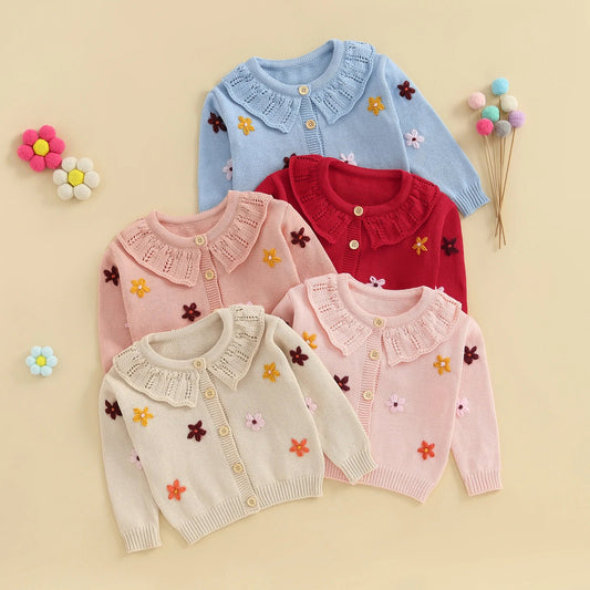 Baby Toddler Girls Cardigan Sweater 3D Flower Design Button Down Long Sleeve Knitted Top