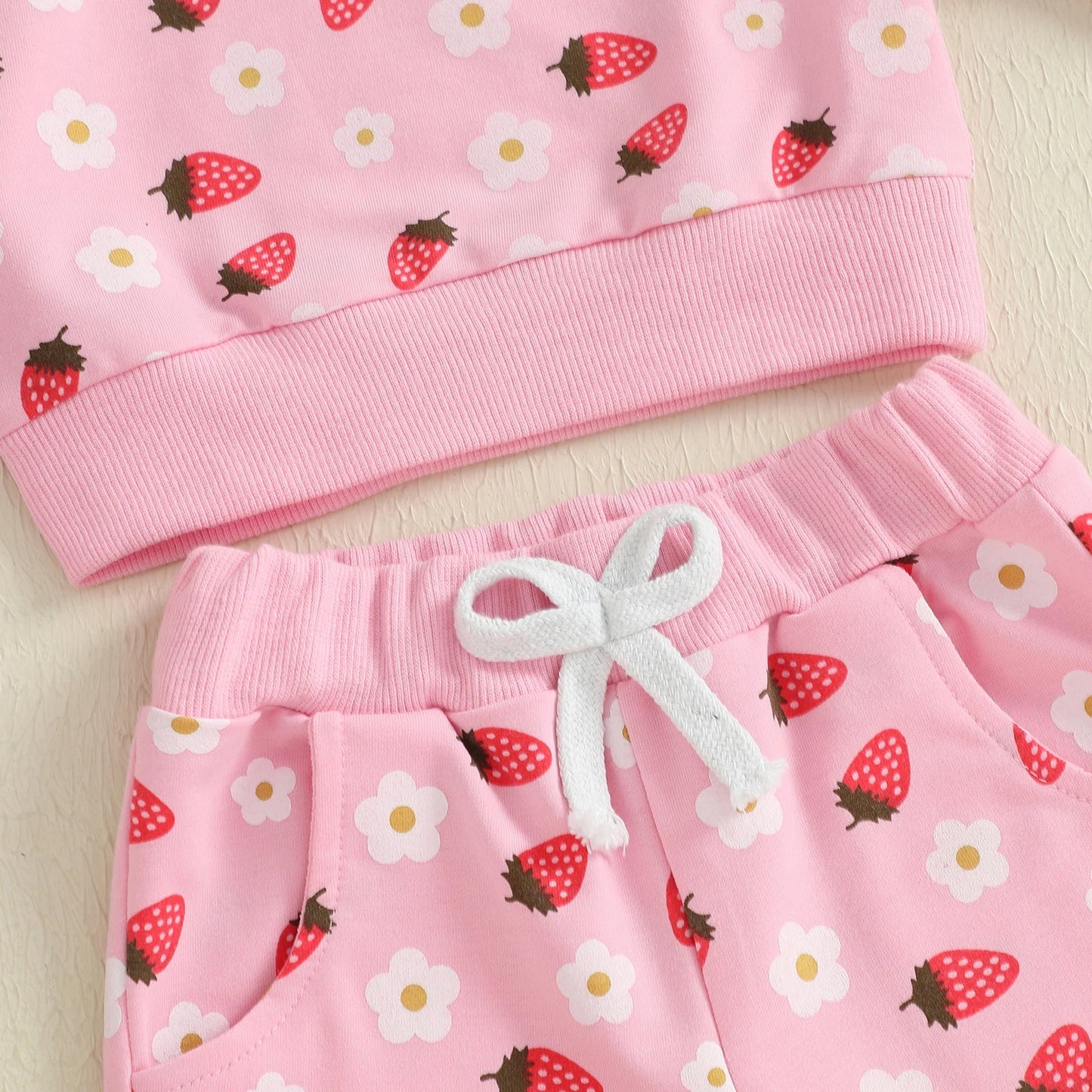 Baby Toddler Girl 2Pcs Fall Outfit Strawberry Flower Print Crew Neck Long Sleeve Top with Jogger Pants Set