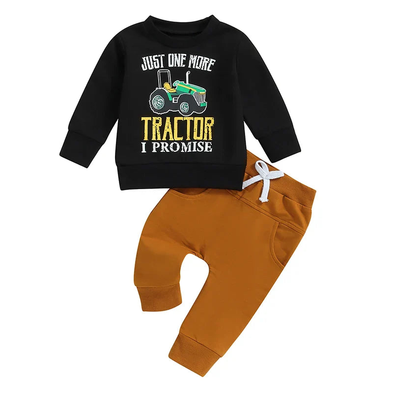 Baby Toddler Boys 2Pcs A Little Dirt Never Hurt/ Just One More Tractor I Promise Fall Outfit Letter Tractor Print Long Sleeve Top and Long Pants Set