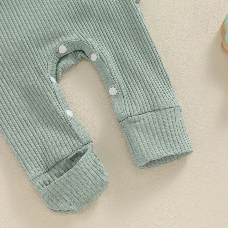 Baby Girl 2Pcs Hello I'm New Here Romper Letter Print Ribbed Long Sleeve Round Neck Full Length Jumpsuit with Headband Set