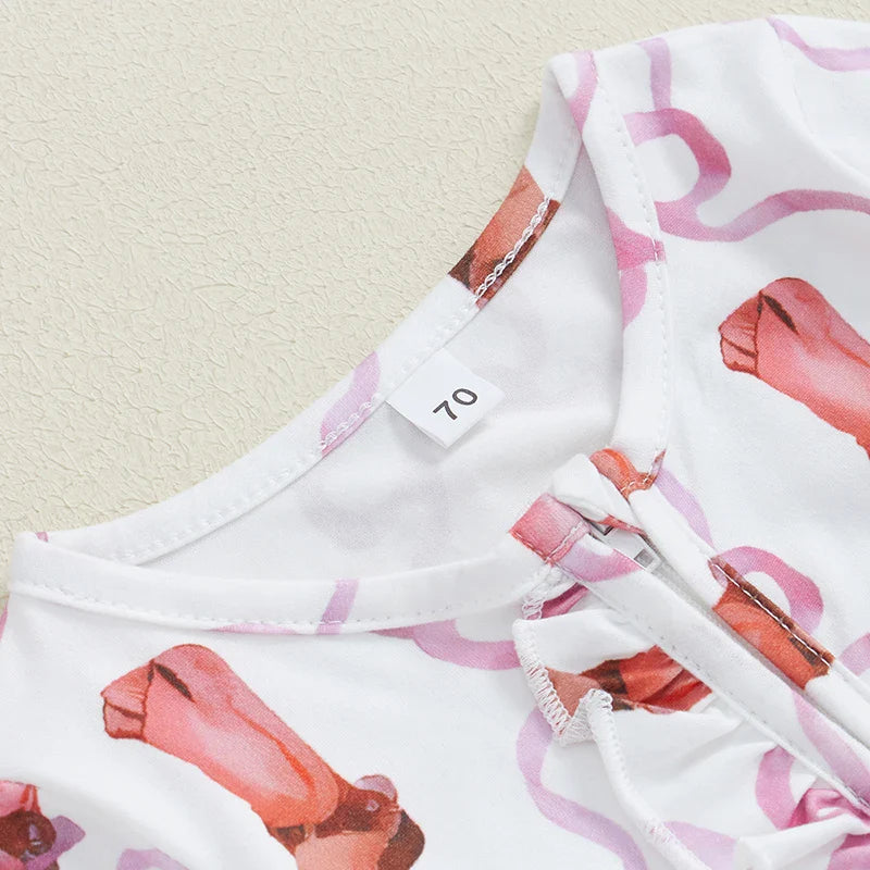 Baby Girl 2Pcs Fall Jumpsuit Ruffled Zip Up Boots Ribbons Print Long Sleeve Round Neck Zipper Romper Bow Headband Set