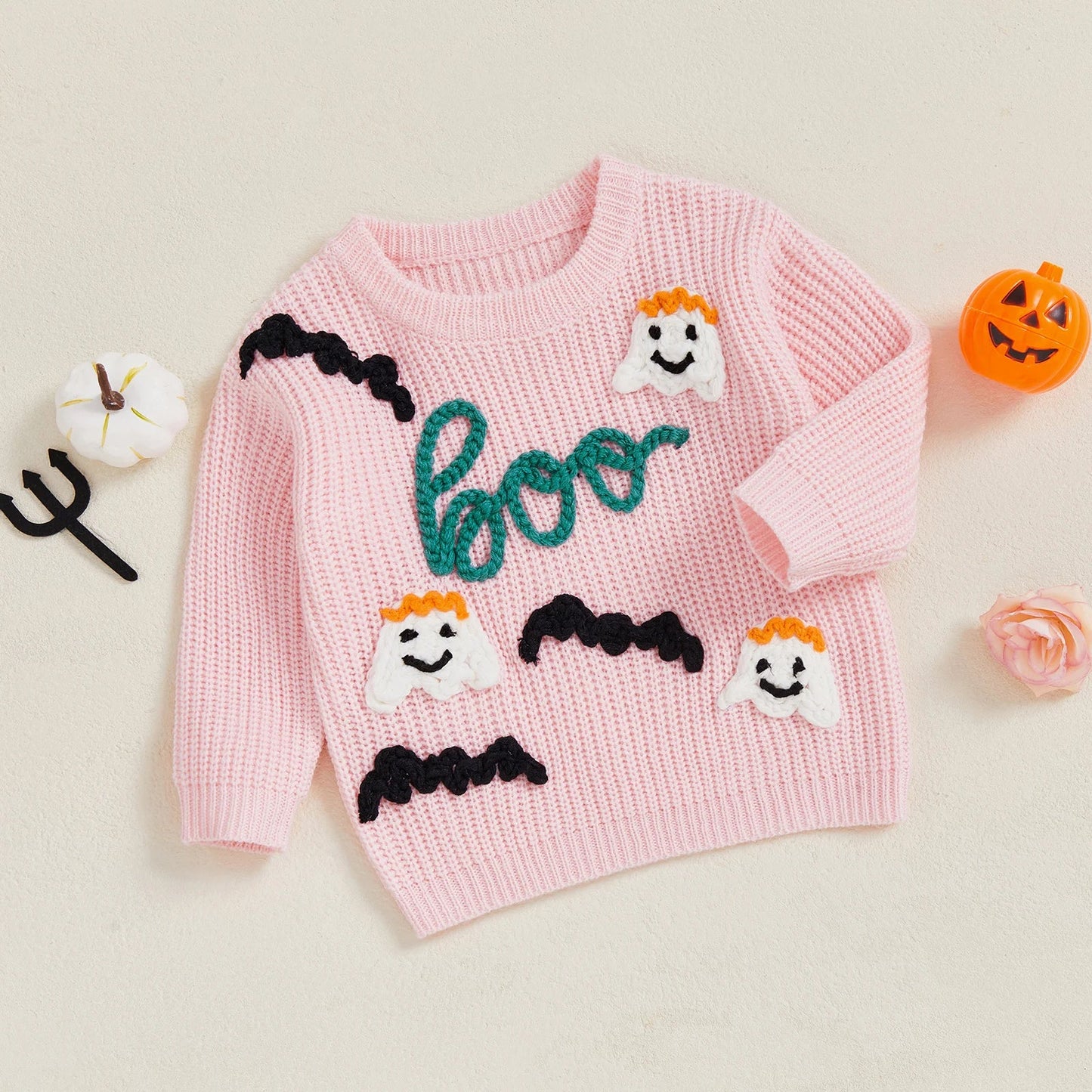 Baby Toddler Girls Halloween Sweater Long Sleeve Round Neck Letter Boo Ghost Embroidery Knit Pullover Top